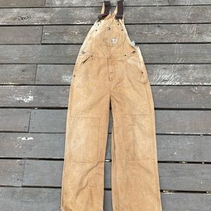 Kids Carhartt Bibs Overalls Brown Size 12 30x24 Distressed Faded Double Knee.